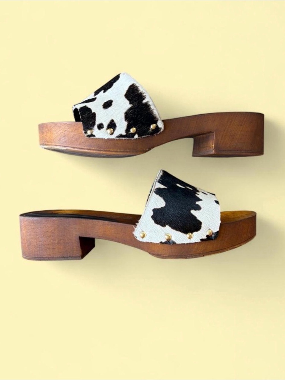 Seychelles Good Spirits Cow Print Calf Hair Wood Platform Sandals Size 7.5
